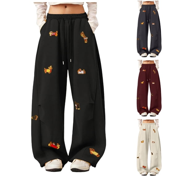 GEWSEY Wide Leg Baggy Sweatpants for Women Men Dachshund Embroidery Drawstring Sweat Pants Trendy Athletic Pants Clothes (Black, XL)