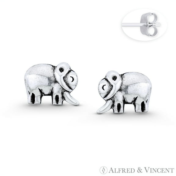Elephant Animal Charm 8x10mm Stud Earrings in Oxidized .925 Sterling Silver