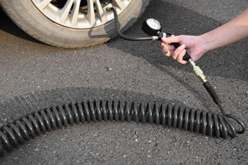 Polyurethane Recoil Air Hose 3/8" Inner Diameter by 25' Long with Bend Restrictor, Repairable 1/4" Industrial Quick Coupler and Plug, Gray
