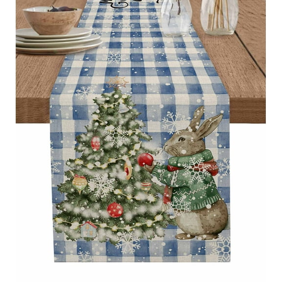 Table Runners 108 Inches Long Dress Scarves, Blue Plaid Christmas Farmhouse Coffee/Dining/Kitchen Table Runner for Living Room, Xmas Tree Bunny Snowflake 13x108 Inch