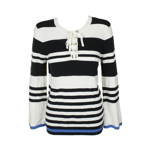 Tommy Hilfiger Mens Navy White Striped Cotton Lace-Up Crew Neck Sweater XL