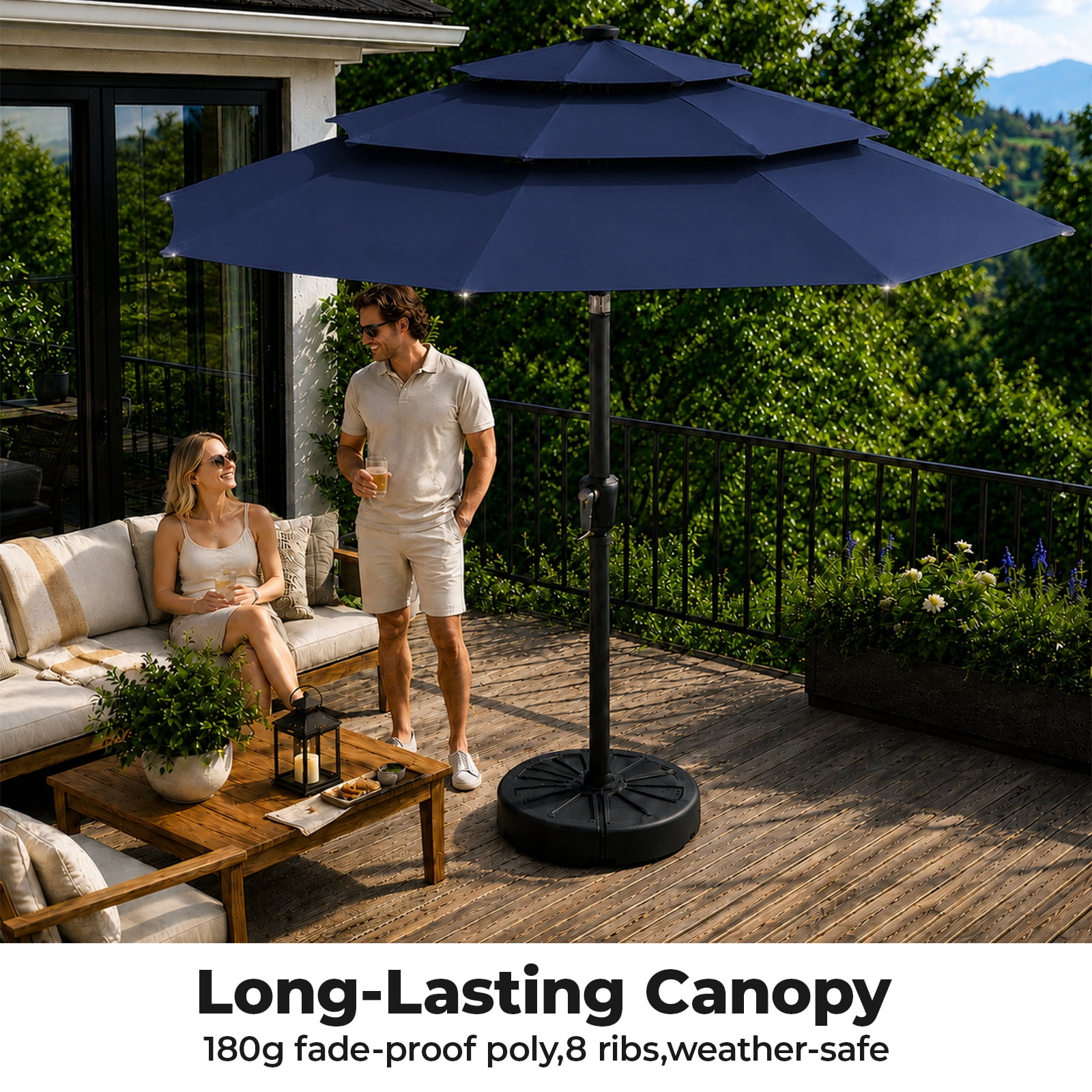 Alvantor 9ft 3‑Layer Solar Patio Umbrella Outdoor with 32 LED Lights, UV50+ Auto Dusk‑to‑Dawn for Dining Table, Outdoor Sofa & Beach Lounger