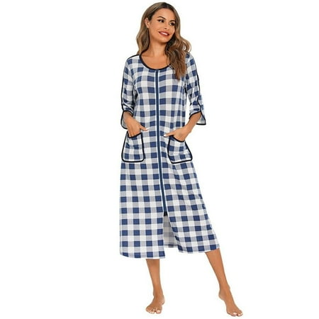 

Hazel Tech Autumn Winter Women Zip up Sleepdres Loose Nightgowns Spa Bathrobe Crewneck Soft Striped Loungewear Sleepwear with Pockets