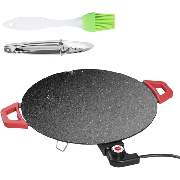 Non-Stick Electric Indoor Grill Pan – Portable Smokeless Round Electric Griddle with Adjustable Temperature Control, Includes Oil Brush & Food Tongs(RL 1 Set)