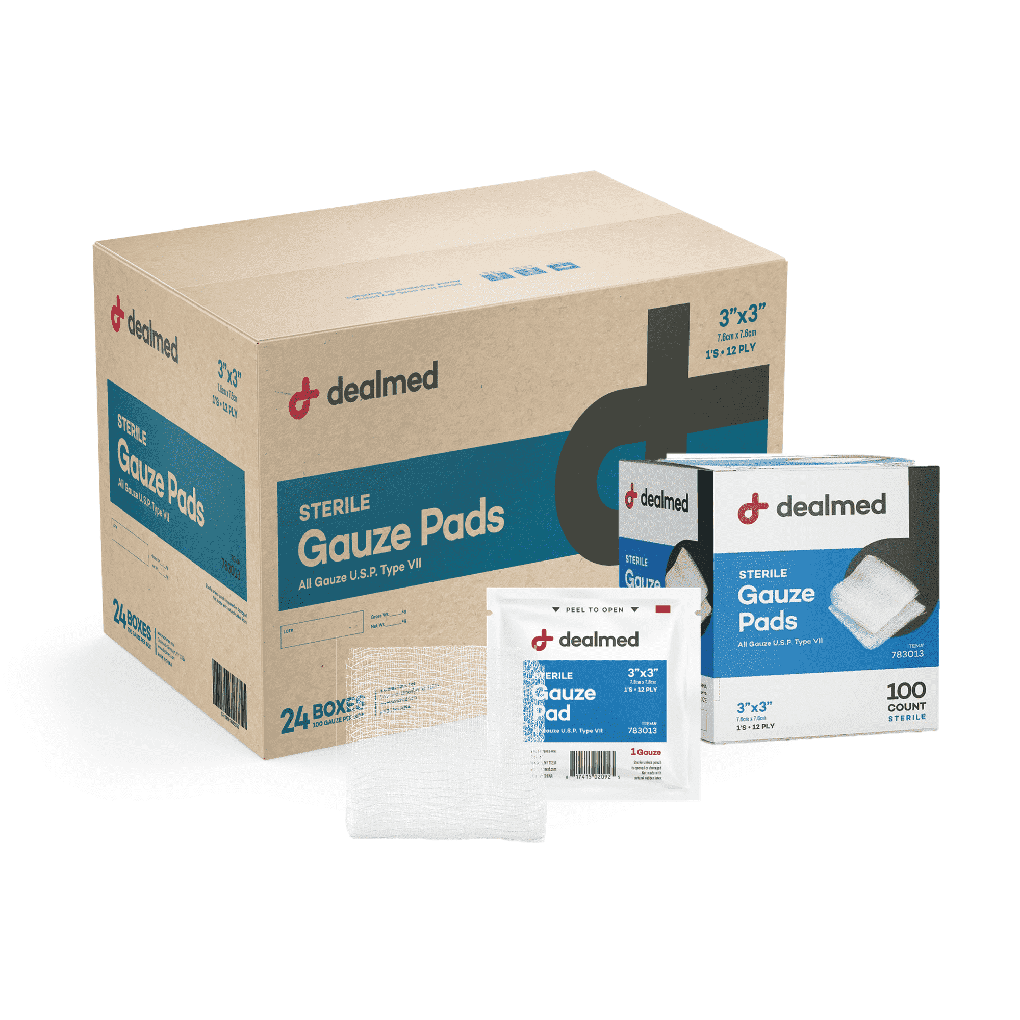 Dealmed 3’’ x 3’’ Sterile Gauze Pads, 12-Ply, Individually Wrapped, Wound Care Product for First Aid Kits, Medical Facilities 100/Box (Pack of 24)