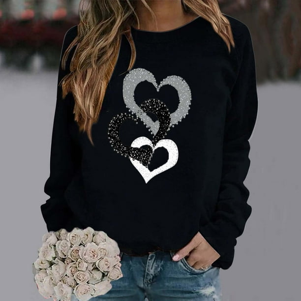 Suéter Hanzidakd para San Valentín para mujer, con estampado de corazón, manga larga, cuello redondo, suelto, tops, suéteres, negro, L
