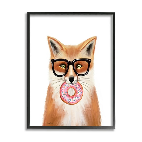Stupell Industries Fox Holding Donut Wearing Glasses Graphic Art Black Framed Art Print Wall Art, Design by Elizabeth Tyndall