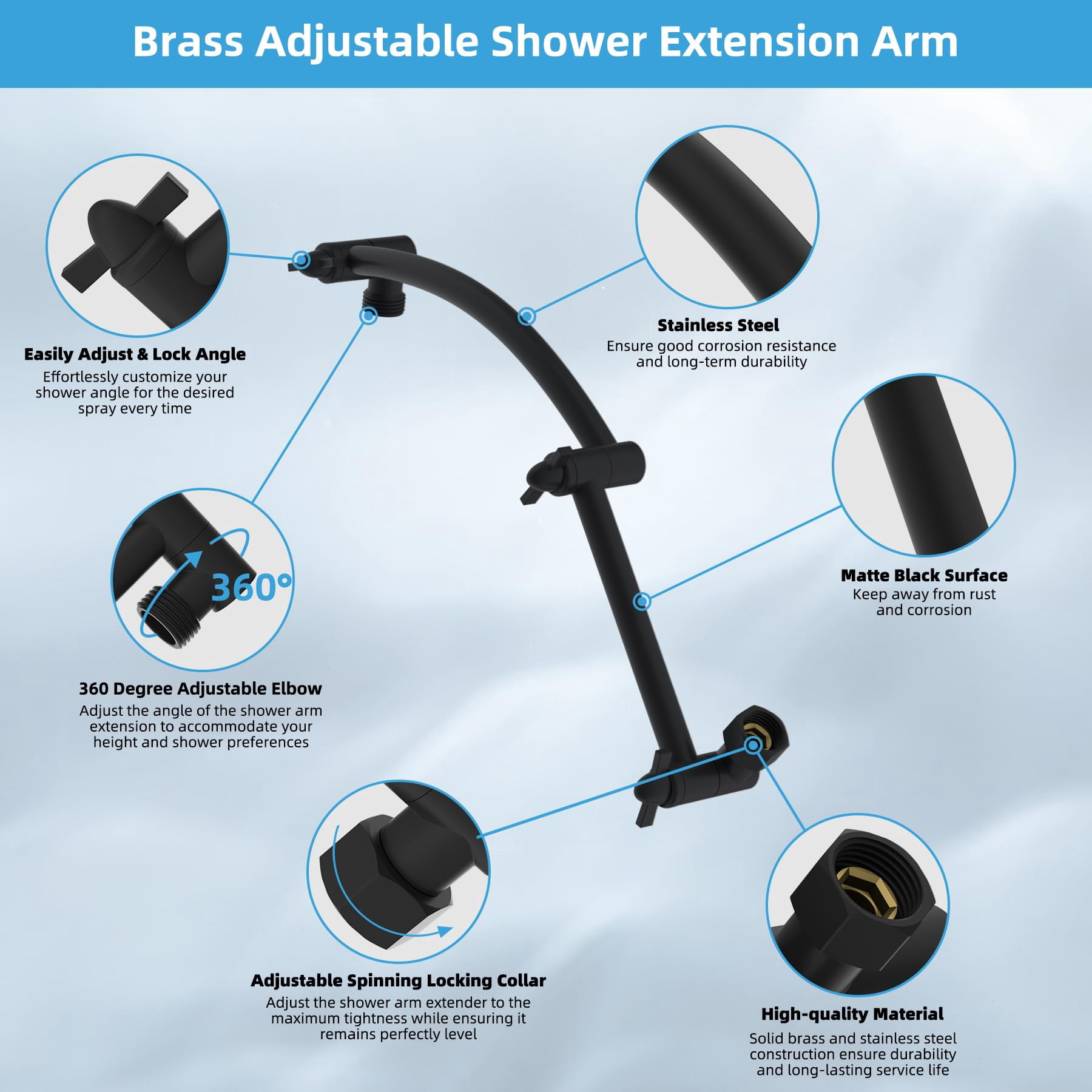 All Metal Rain Shower Head  8'' High Rainfall Showerhead With 16" Extension Arm Solid Brass Adjustable Extender Waterfall Fixed Showerheads Matte Black