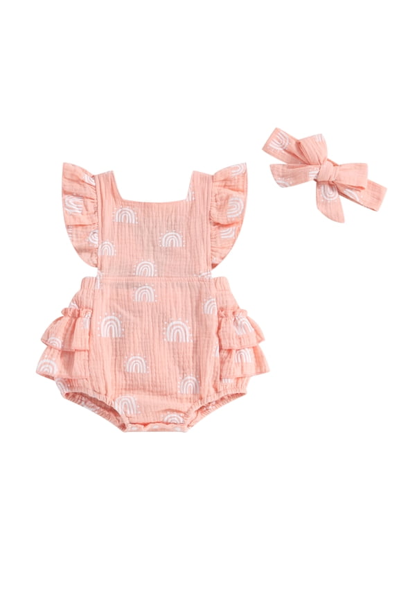 Newborn Baby Girl Rompers Rainbow Print Fly Sleeve Ruffles Bodysuit + Headband 6M 12M 18M 24M Infant Summer One Piece Jumpsuit