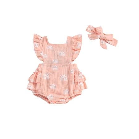 

Newborn Baby Girls Summer Rompers Clothes Rainbow Print Ruffles Backless Cotton Linen Layered Jumpsuits Headband Outfits