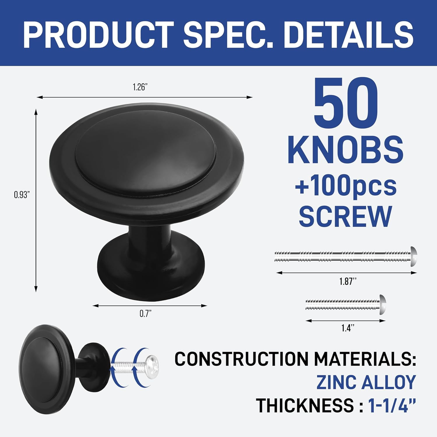 LifeMaster 50pcs 1-1/4" Matte Black Cabinet Knobs - Rust-Proof, Modern Design, Strong Zinc Alloy, Drawer Pulls with Short and Adjustable Screws - Stylish Handles for Kitchen, Dresser, and Cabinets
