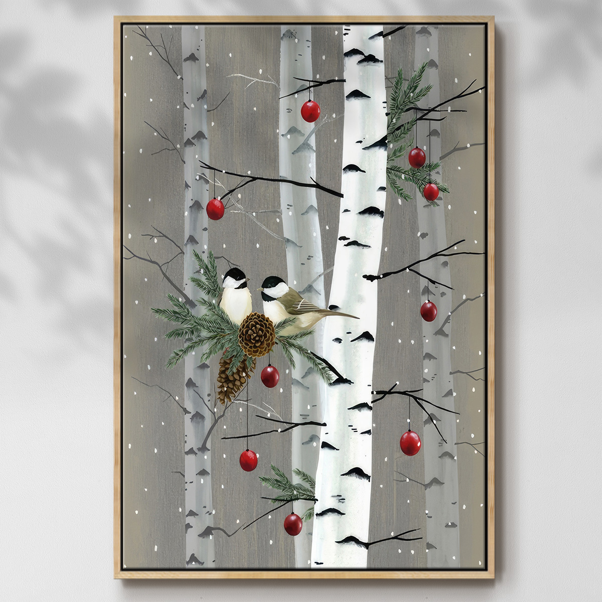 Birch Birds II - Framed Gallery Wrapped Holiday Canvas - 17 x 25 - Natural Wood Frame