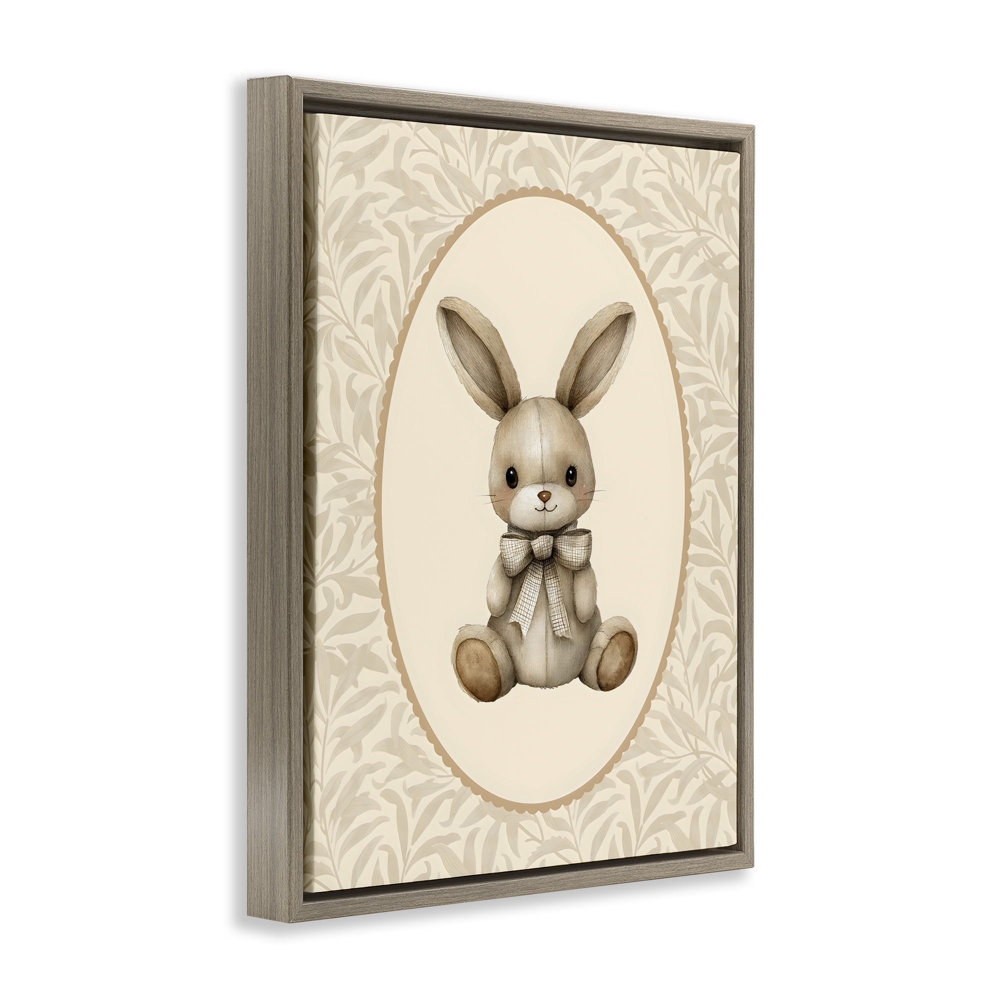 Stupell Industries Neutral Bunny in Oval Border Brown Framed Floater Canvas Wall Art, design by LSR Design Studio