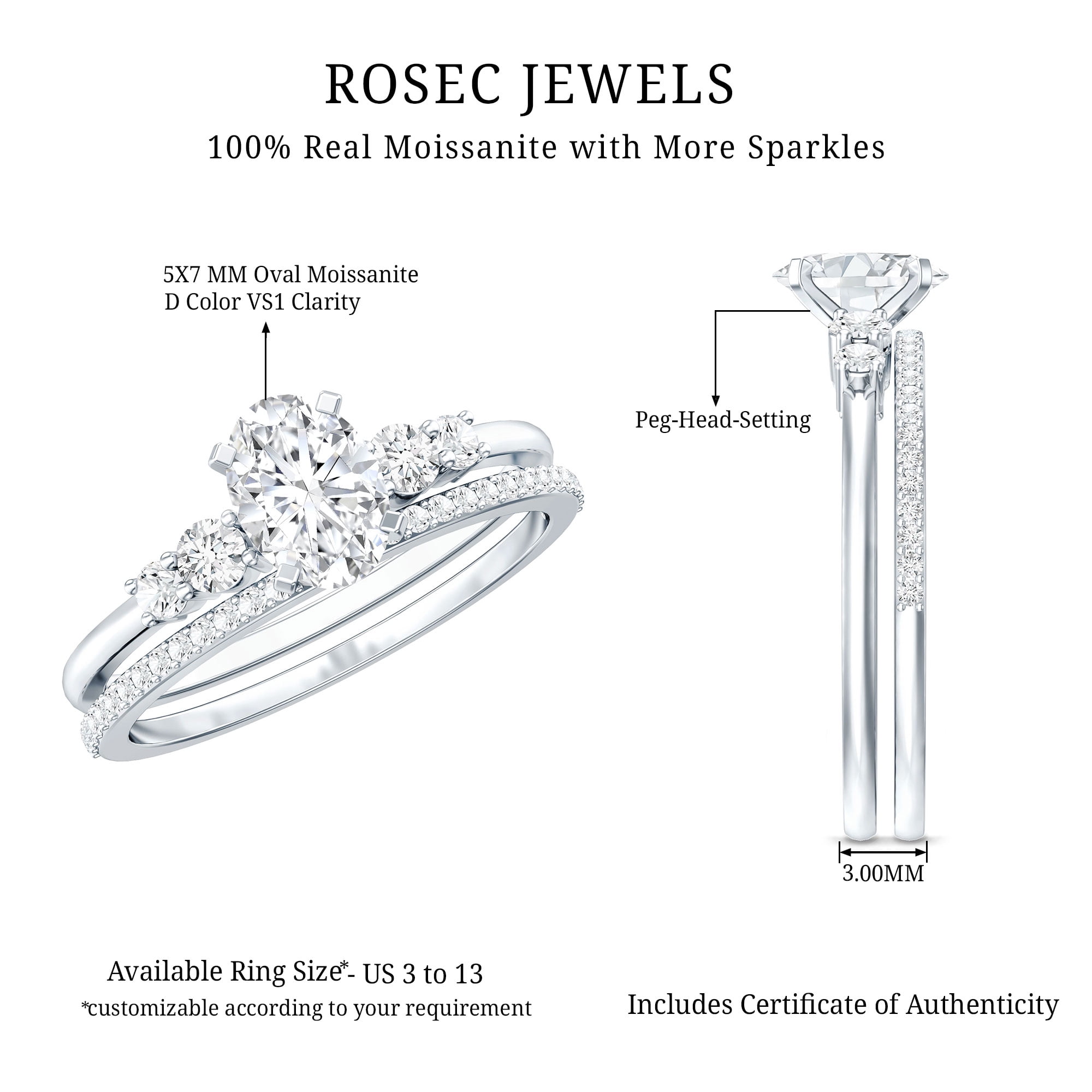 Rosec Jewels Sterling Silver Bridal Ring Set Moissanite (D-VS1 Quality) Oval Cut Engagement Ring with Wedding Band for Women, US 8.00