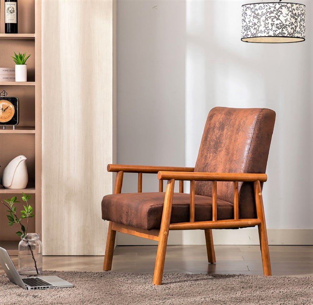 Mid Century Modern Accent Chair, 25" Wide Upholstered Armchair with Solid Wood Frame, Padded Seat & Arms, Dark Brown Lounge Chair for Living Room & Bedroom, Brown