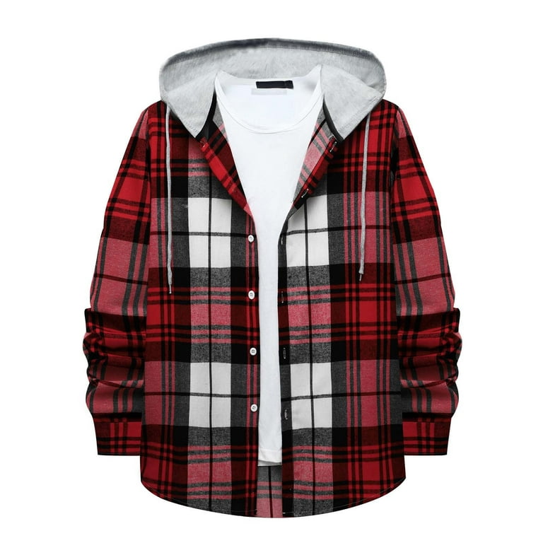 ZCFZJW Mens Classic Plaid Long Sleeve Hooded Shirts Casual Thin Cotton  Light Jacket Relaxed Fit Loose Outwear Hoodies Shirt Red S