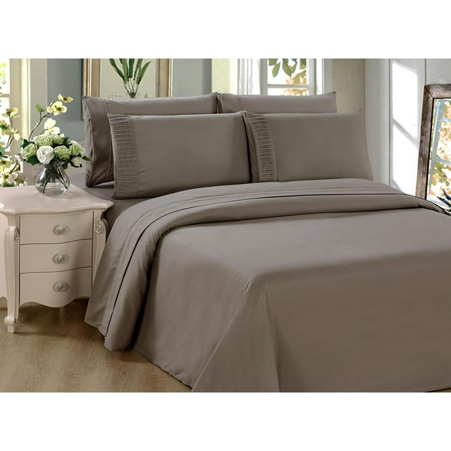 Taupe Marina Decoration all season duvet cover set made of ultra soft silky rayon from bamboo, featuring a solid color and zipper closure on a neatly made bed.