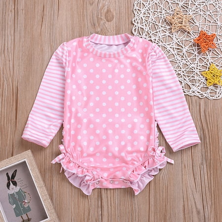 2019 Kids Baby Girl high-quality Ruffled Dot Striped Swimsuit with Sun Protection