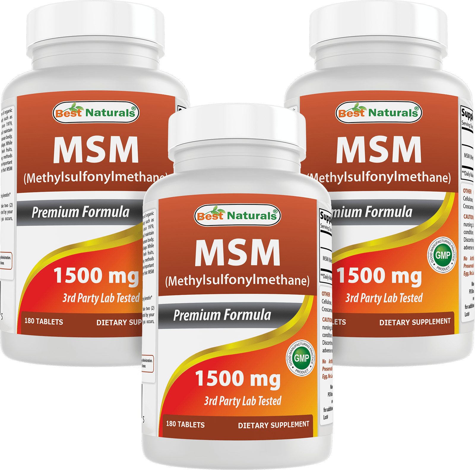 3 Pack Best Naturals MSM 1500 mg 180 Tablets