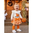 thumbnail image 5 of RUINIXCW Newborn Baby Girl My First Halloween Outfit Infant Baby Girls Fall Clothes Flying Sleeve Letter Pumpkin Ghost Print Romper Tiered Skirt Skort Headband Socks 4pcs Sets, 5 of 9