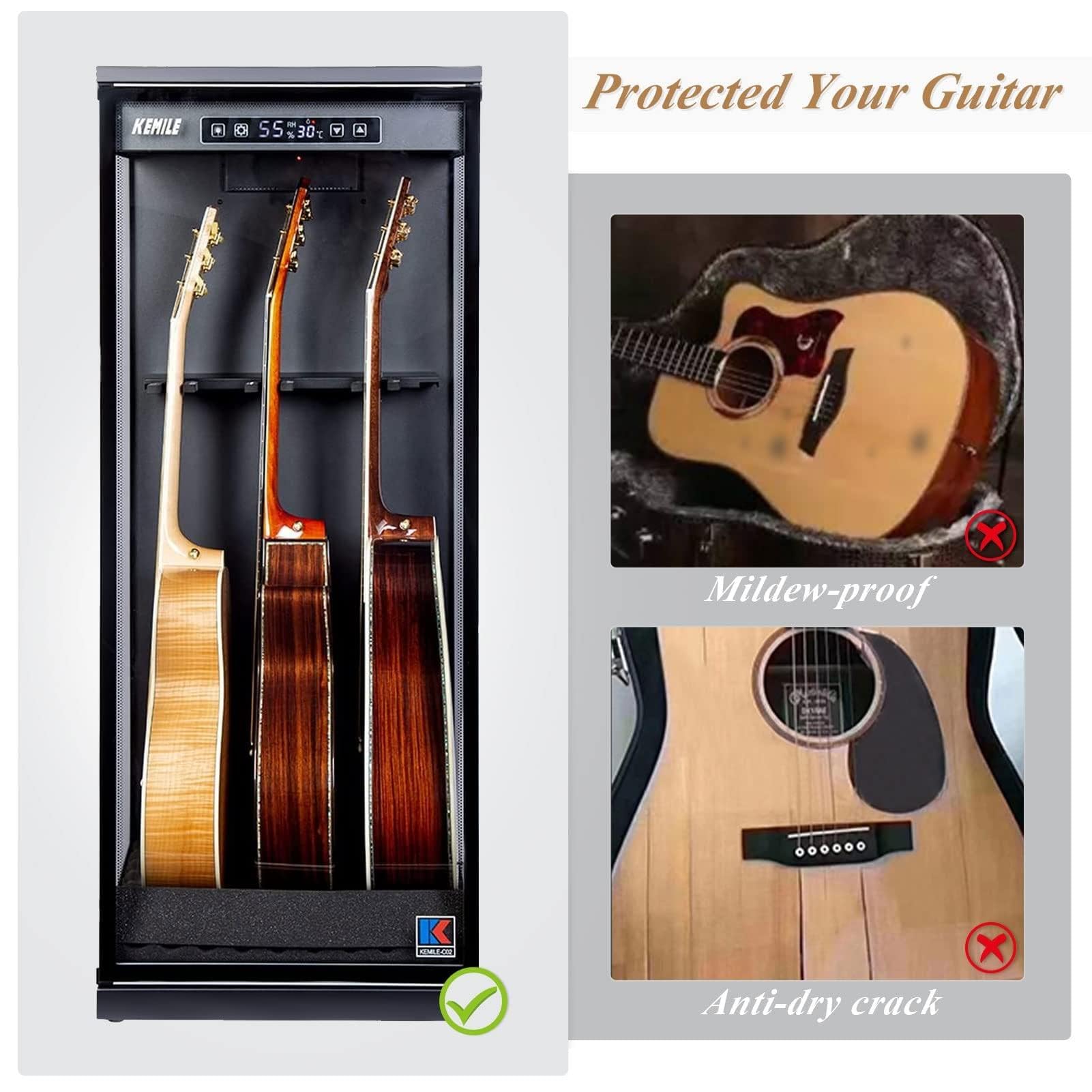 Chehery Guitar Display Case for Electric & Acoustic Guitars - Humidity Control Cabinet with Hygrometer & Humidifier | Glass Door Showcase for Collectible & Vintage Guitars | 45-60% RH Stability