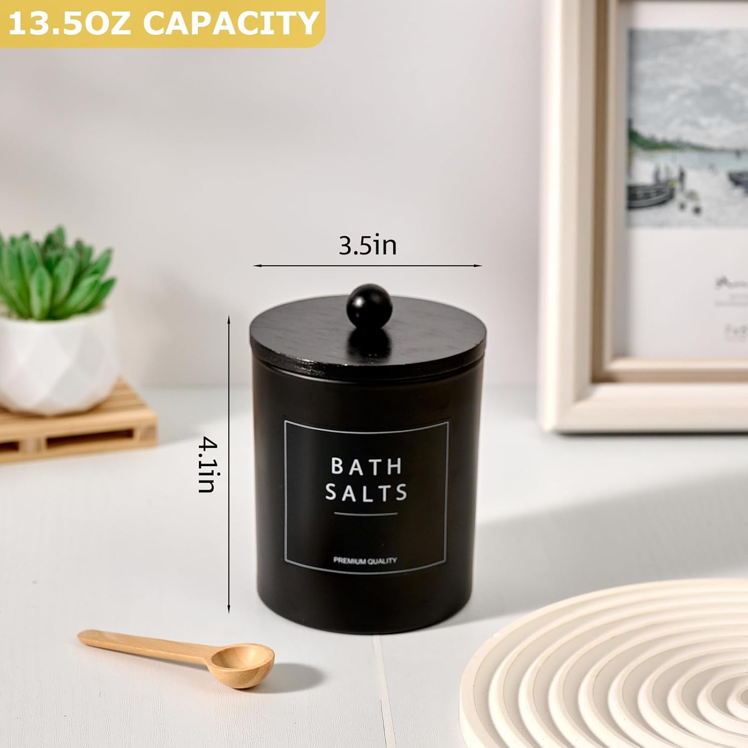 Glass Qtip Holder for Bathroom, Black Cotton Round Holder Swab Pad Dispenser with Lids, Floss Pick Holder with Bamboo Tray, Apothecary Jars with Scoop, Set of 3