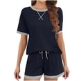 thumbnail image 1 of Ensembles à Manches Courtes pour Femmes, Hauts à Col Ras du Cou à Rayures et Shorts, Ensembles 2 Pcs avec Poches, 1 of 5