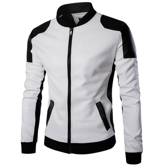 TFEOQRY Men's Fashion Jackets Splicing Solid Color Zipper Casual Outwear Leather Jacket Long Sleeve Hoodless Overcoat White