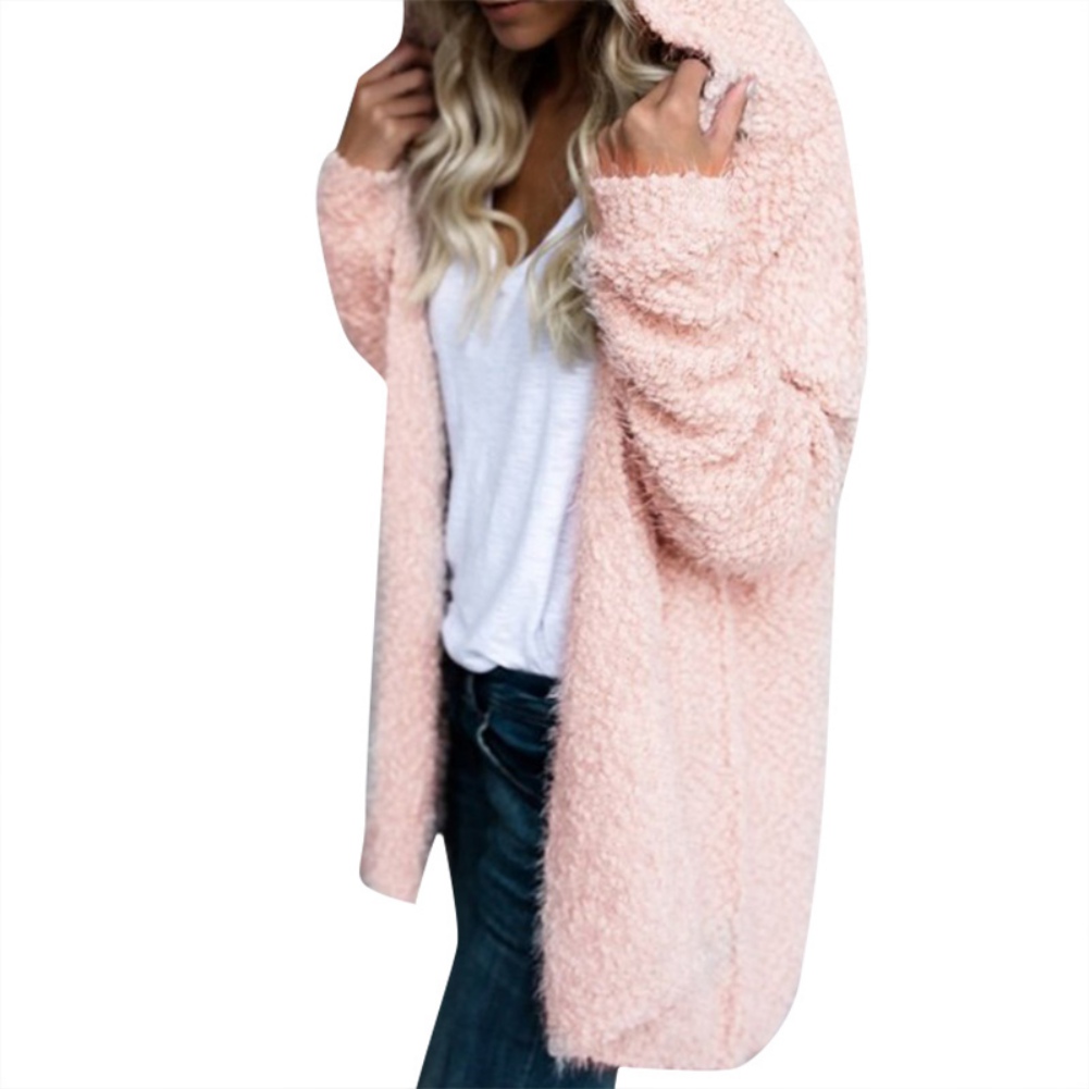 Women Hooded Coat Faux Fur Zipper Coat Women Oversize Fleece Soft Jacket Thick Long Sleeve Plush Jackets Pink L - image 2 of 5