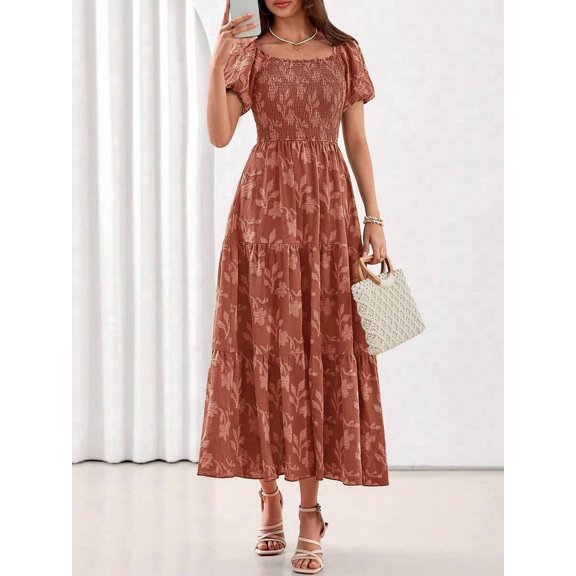 Orange Boho Floral Maxi Dress Square Neck Short Sleeve Smocked Waist