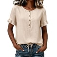 thumbnail image 3 of ClodeEU Women's Crew Neck Short Sleeve Henley Blouse,Casual Solid Color Linen Blend Top Beige,Women's Plus L, 3 of 8