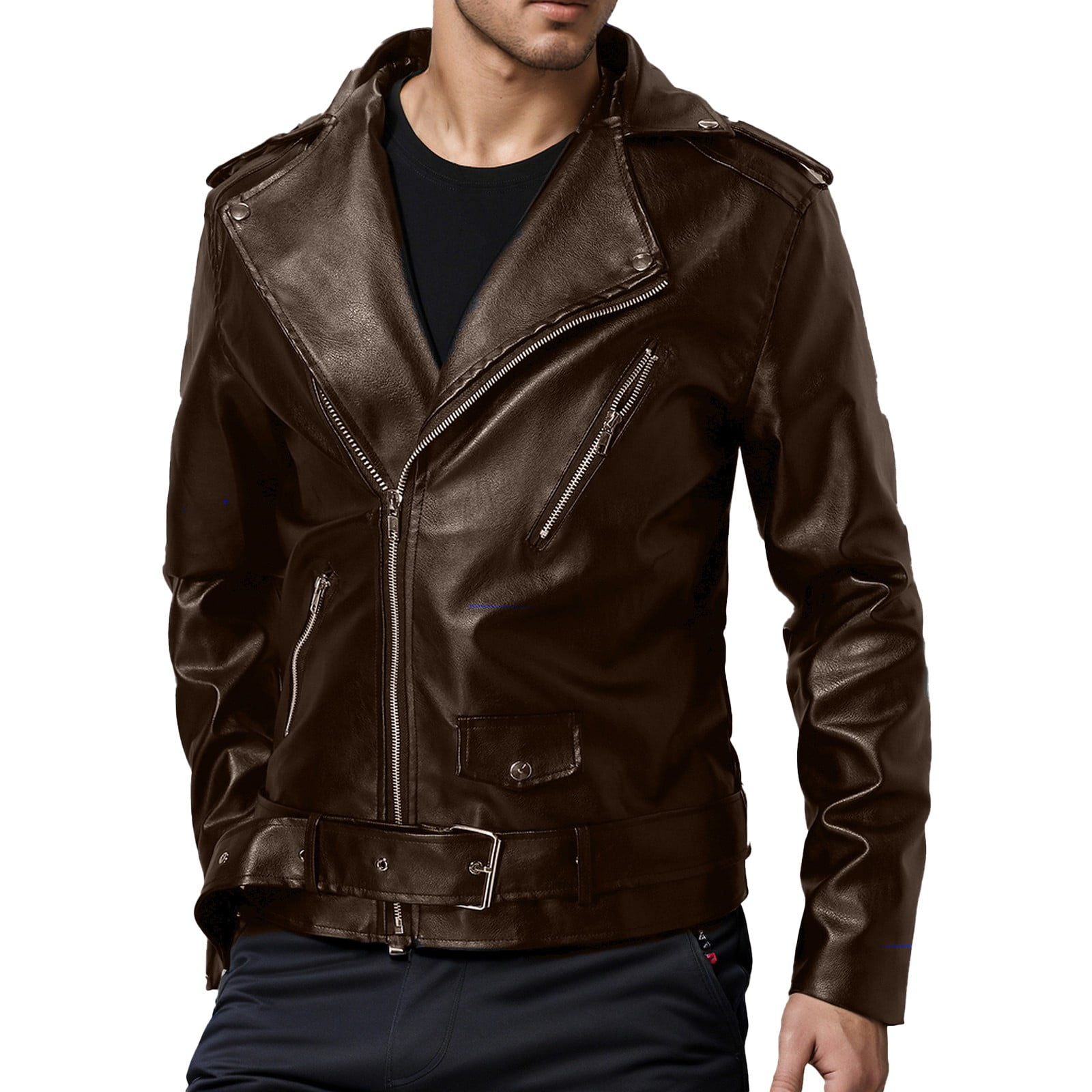 Maoxin Mens Jacket Men's Collar Leather Jacket Casual Loose Men's Top Solid Color Long Sleeved Hooded Leather Jacket/jacket Plus Size Jackets for Men Coffee L