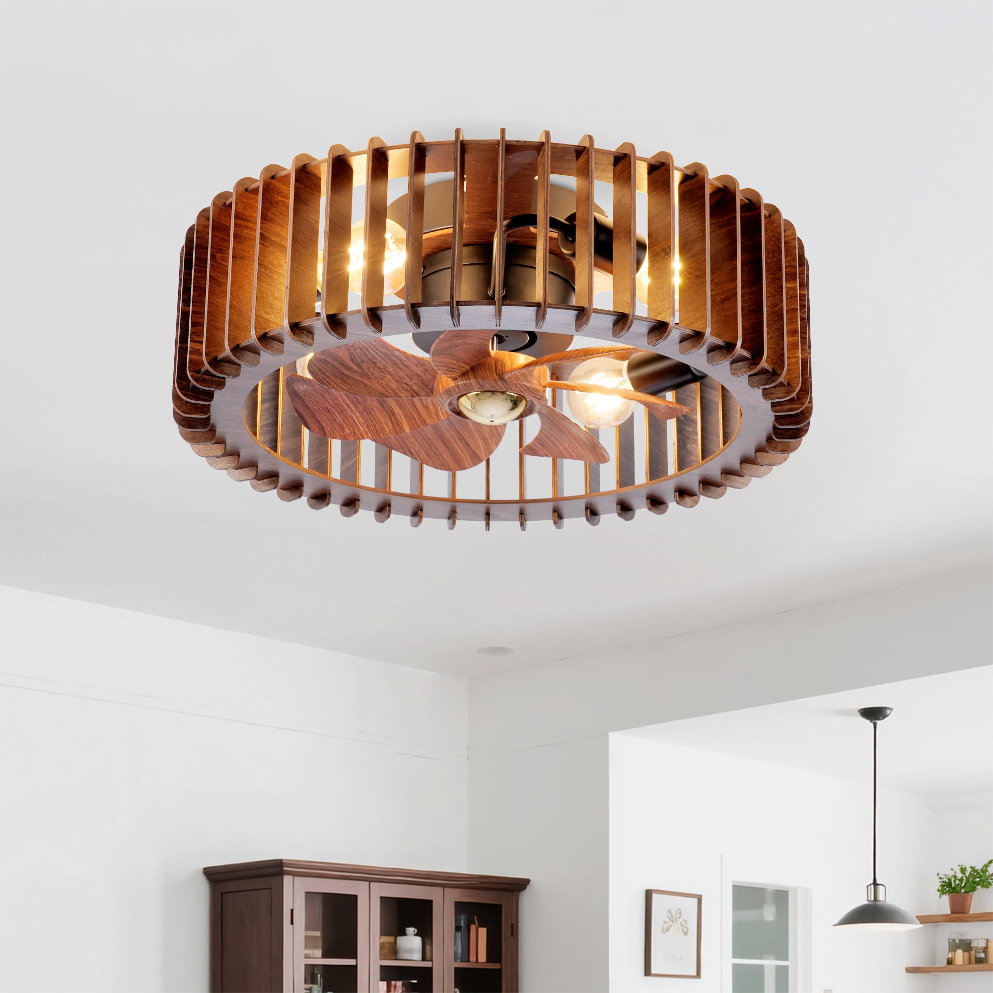 20" Modern Flush Mount Fan Light,Ceiling Fans with Lights and Remote Control, 6 Speeds, Quiet DC Motor For Living Room, Bedroom, Kitchen, Wood (No Included Bulbs)