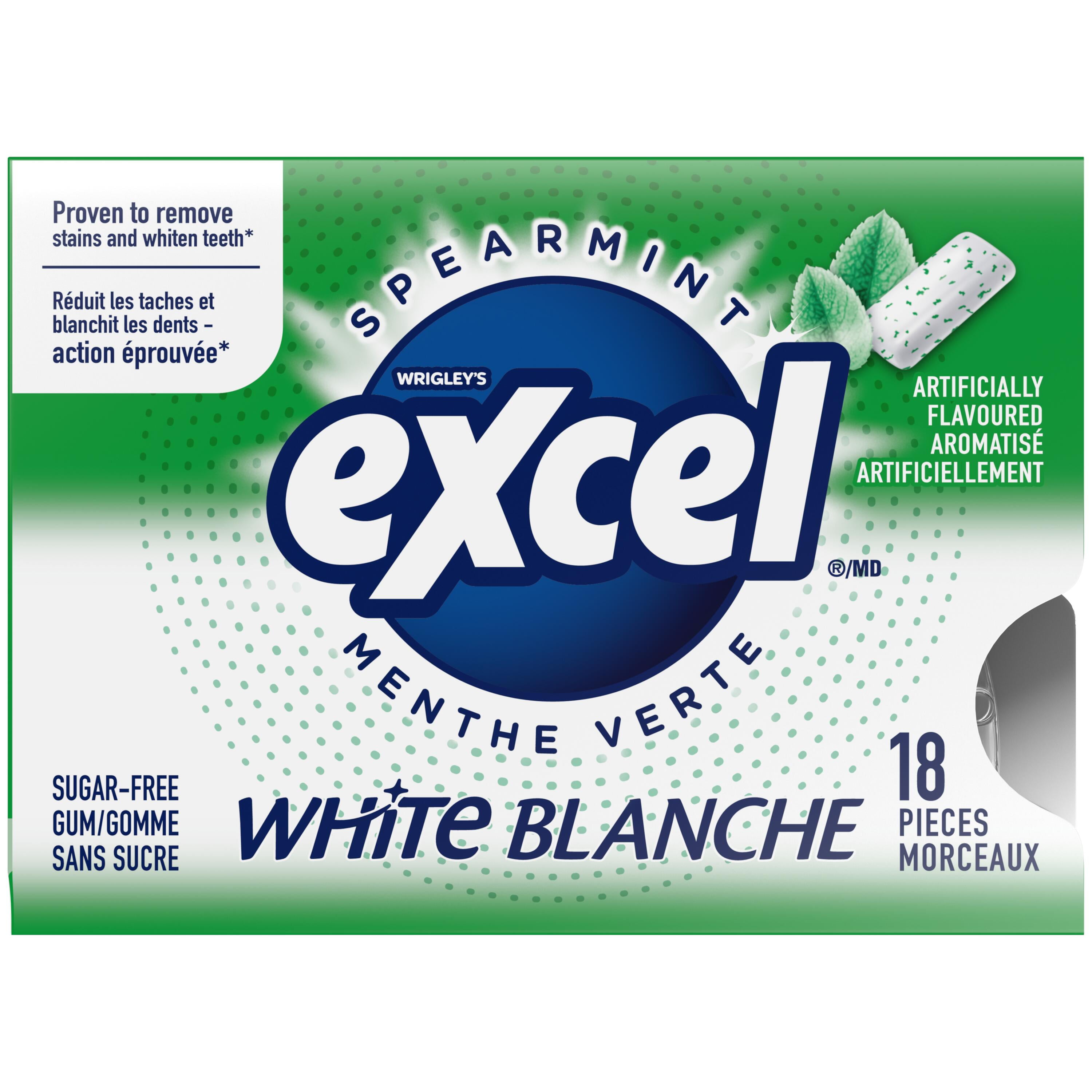 EXCEL White Spearmint, Teeth Whitening Sugar Free Chewing Gum, 18 Pieces, 3Packs, 3 Packs, 18Pellets