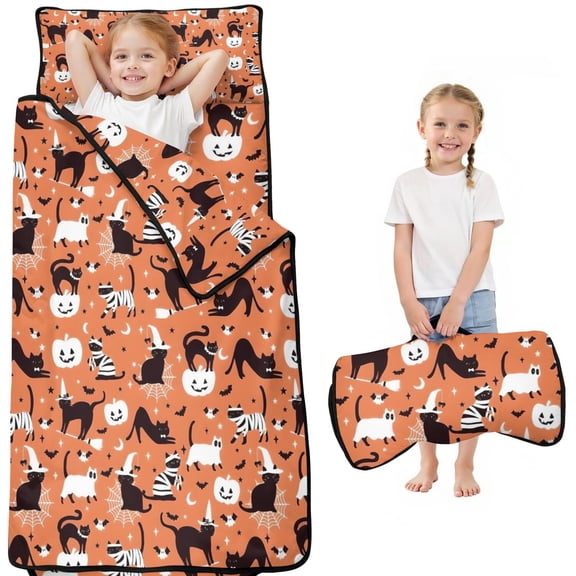 Halloween Cat Pattern Toddler Nap Mats for Kids Preschool,50"x20" Sleeping Mat Bag or Kids,Toddler Sleeping Bag,Toddler Nap Mat or Daycare