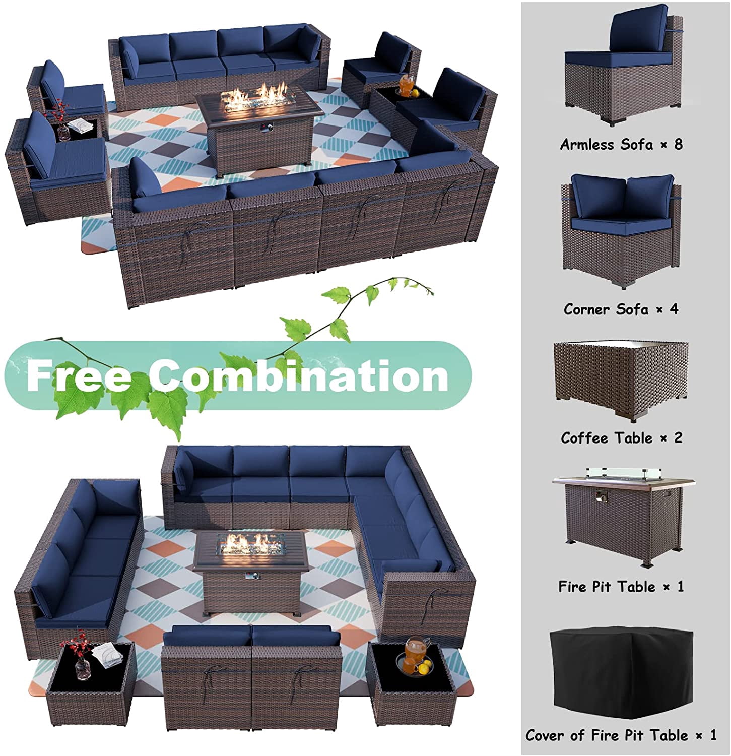 Gotland 15 Pieces Outdoor Patio Furniture Set with Propane Fire Pit Table Outdoor Sectional Sofa Sets Patio Furniture 43" Gas Fire Pit PE Rattan Patio Conversation Set (Navy Blue)
