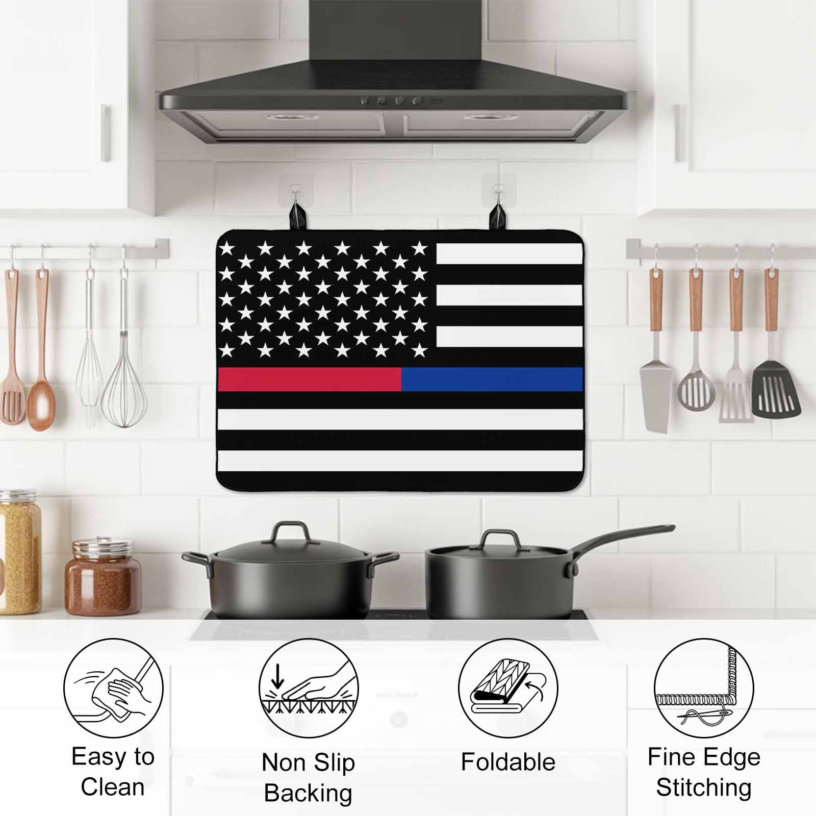 Thin Red Blue White Line Stove Top Cover for Electric Stove, Heat-proof & Non Slip Glass Top Stove Cover Protector, American Flag Star Kitchen Flat Cooktop Rubber Mat 24x21 Inches