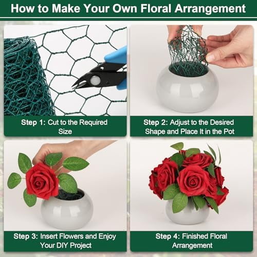 Floral Chicken Mesh for Craft, 4 x 236 Inch Galvanized Hexagonal Netting Roll, Lightweight Garden Poultry Fence for Coop & Rabbit, Metal Mesh Kit with Gloves, Ties and Plier