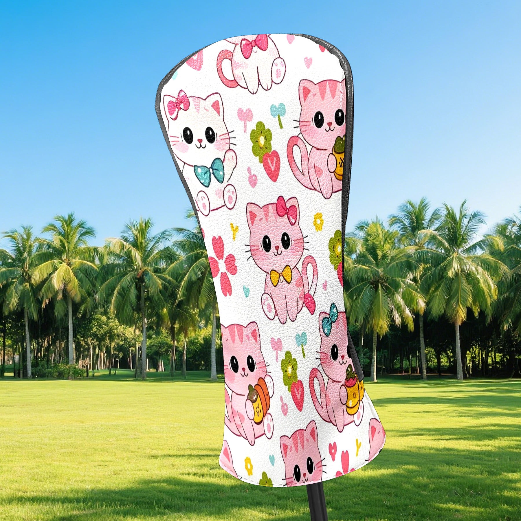 Golf Club Covers, LightPink Cat Premium PU Leather Driver Hybrid Putter Head Covers with Velvet Lining, Waterproof Golf Gifts for Men Women