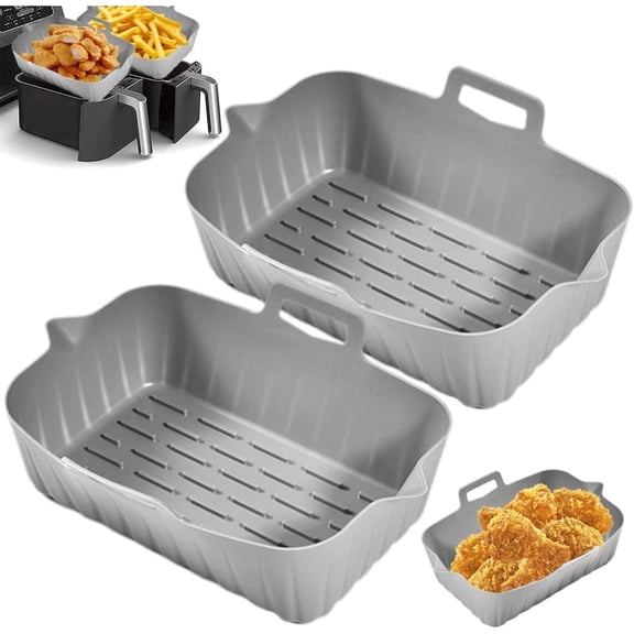 Silicone Air Fryer Liners with Handles, Set of 2 – Reusable, Fits Ninja Dual Air Fryer Baskets, Oven & Microwave Safe, Grey