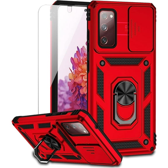for Samsung Galaxy S20 FE 5G Case with Camera Lens Cover HD Screen Protector, Military-Grade Drop Tested Magnetic Ring Holder Kickstand Protective Phone Case for Samsung Galaxy S20 FE 5G (Red)