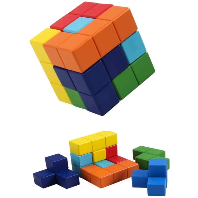 rompecabezas de madera, rompecabezas 3d tetris tangram con 7 cubos de colores, juego de rompecabezas para niños y adultos muestra piezas cúbicas de madera pintadas en rojo, naranja, amarillo, verde, azul claro y azul oscuro ensambladas en una figura cúbica 3D; vista superior y detalle de piezas sueltas sobre fondo blanco, often used para practicar razonamiento espacial.