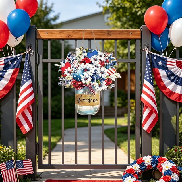 Patriotic Wooden Hanging Sign Flag Wood With Rope For 4th Of July Front Porch Home Deco