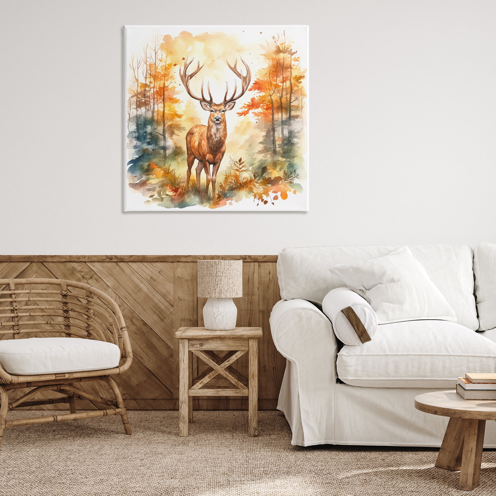Stupell Industries Autumn Forest Stag Landscape Painting Gallery Wrapped Canvas Art Print Wall Art, 36 x 36