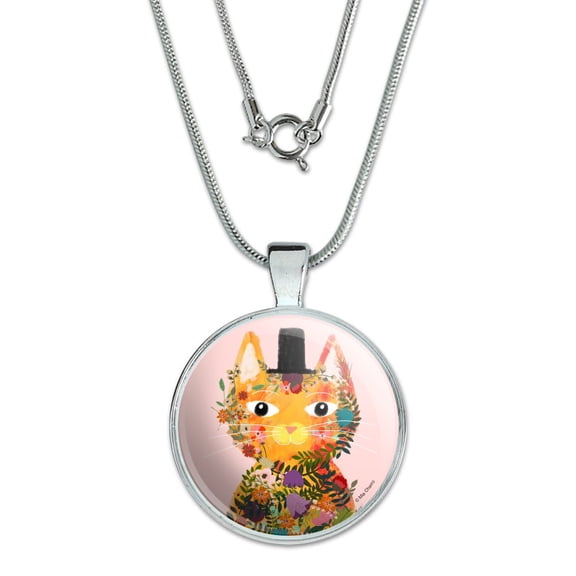 Flower Cat with a Top Hat 1" Pendant with Sterling Silver Plated Chain