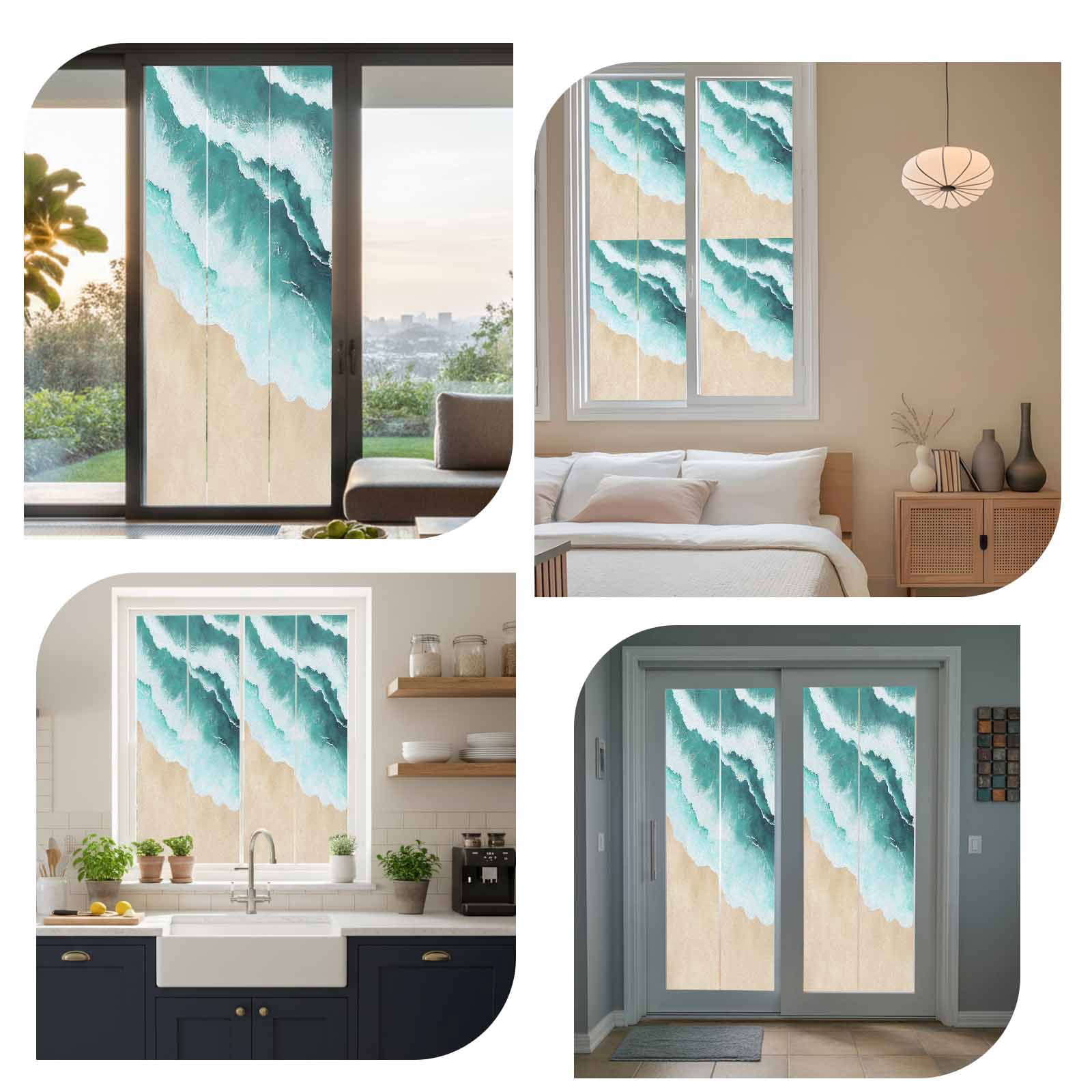 Abstract Watercolor Window Privacy Film, Gradient Green Waves Beach Seaside Frosted Glass Window Clings Static Cling UV Heat Blocking Reusable Door Sticker for Bathroom 23.6 x 59 Inch