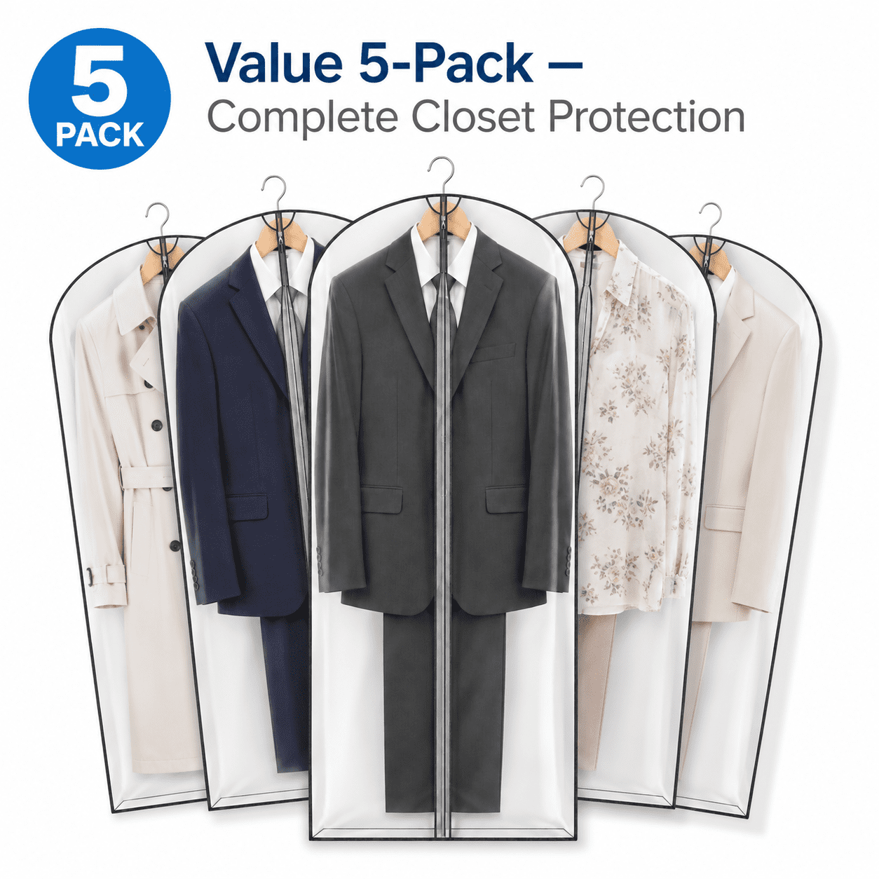 5-Pack 40-Inch Clear Garment Bags for Clothes - Waterproof, Dustproof, Hanging Storage Cover for Suits, Jackets, Sweaters, and Coats