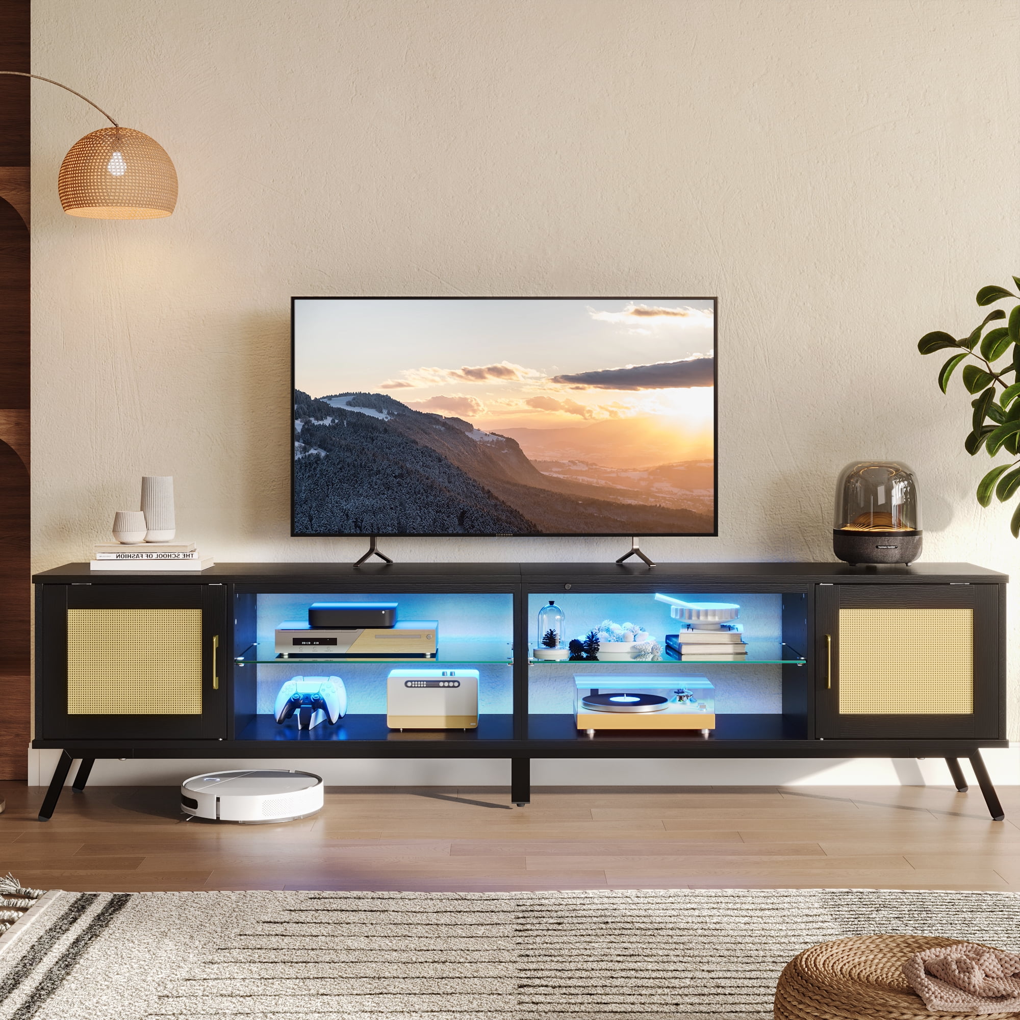 Bestier 80" Black TV Stand with LED for TVs up to 85", Rattan Mid Century Modern Entertainment Center, Black