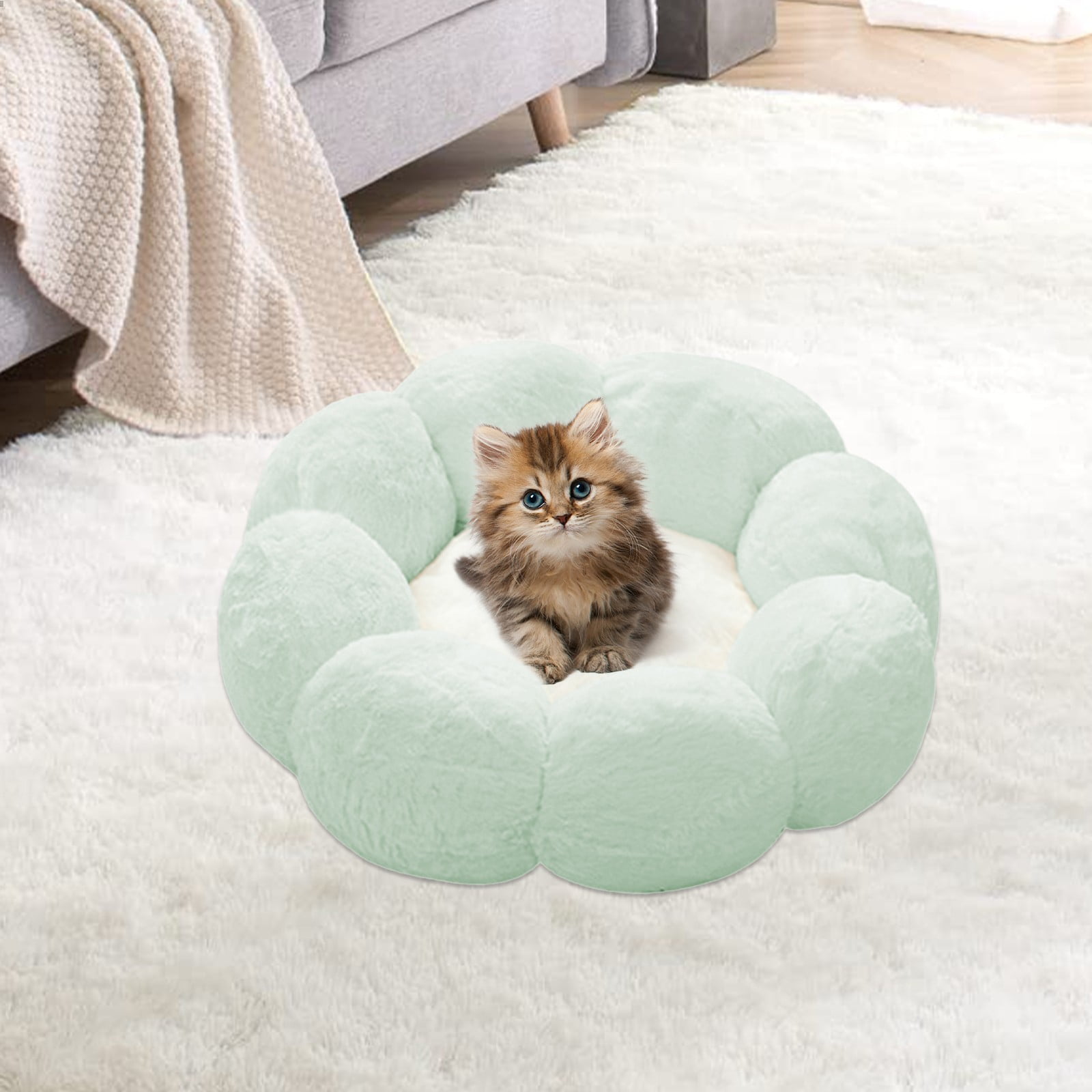 Nebwoak Round Cat Bed Warm Rounded Petals Calming Dog Cats Bed Cuddler Warming Cozy Soft Bed Faux Furs Cushion Bed for Small Medium Dogs and Cats