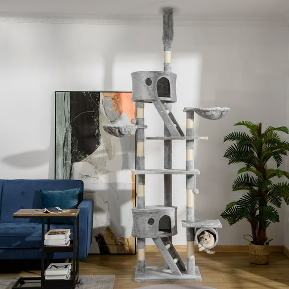 PawHut Floor to Ceiling Cat Tree, 94.5"-102.5" Height Adjustable Cat Climbing Tower with Scratching Posts, Condos, Hammocks, Platforms, Dangling Balls